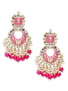 OOMPH Jewellery Rani Pink Meenakari Kundan Large Ethnic Chandbali Drop Earrings For Women & Girls Stylish Latest (EBH62_AOR1)