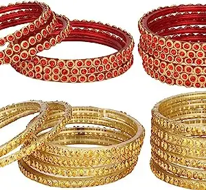Somil Combo Of Party & Wedding Colorful Glass Bangle/Kada, Pack Of 24, Gold, Red