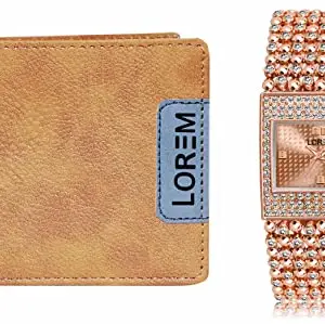 LOREM Orange Color Faux Leather Wallet & Rose Gold Analog Watch Combo for Men & Women | WL11-LR287