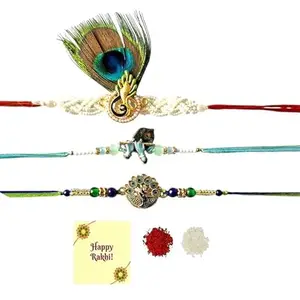 Avanti Creations Peacock Feather Morepankh Rakhi Set Combo Traditional Rakhi For Men Set of 3 With Rocli Tilak And Greetings Card