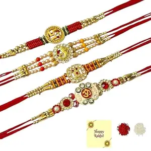 Avanti Creations Set Of 4 Handcrafted Traditional Swastik ganesh Om Tortoise Rakhi For Brother Moli band With Greetings Card And RakhiBand