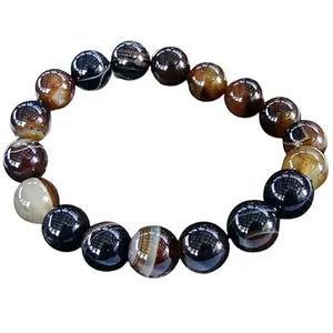 RRJEWELZ 10mm Natural Gemstone Brown Coffee Agate Round shape Smooth cut beads 7.5 inch stretchable bracelet for men. | STBR_RR_M_02400