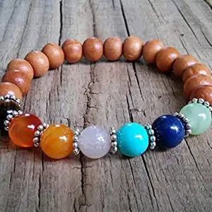 LKBEADS Natural 7 Chakra Stone & Sandalwood 8mm Round Shape Smooth Cut Beads 7 inch Stretchable Bracelet for Men & Women|STBR_RR_00102_70
