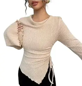 GORBETALI Ribbed Bell Sleeve | Round Neck Slim Fit Stretchable for Casual