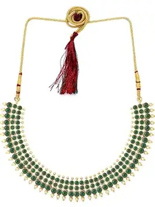 RV Beautiful Gold-Plated Studded Green Necklace Choker Jewellery Set With Earrings For Women.