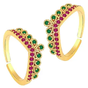Peora Rani Pink Green Cubic Zirconia Studded Fancy Toe Ring Adjustable Gold Plated Bichiya Fashion Jewellery for Women