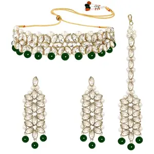 Peora Indian Traditional Gold Plated Kundan Green Faux Pearl Wedding Bridal Choker Necklace Jewellery Set with Earring Maang Tikka for Women Girls