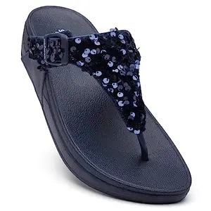 SOLETHREADS TINSEL | Women Slippers | Stylish Designer | T-Strap Slippers | Summer Casual Slipper | Slippers for Women | NAVY | 8UK