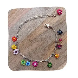 Generic Women's Multicolor Daisy Dangling Beaded Bracelet/Anklet | Boho & Hippie Style | Handmade Flower & Silver Chain Bracelet | 6 to 9.5 inches | Lobster Claw Closure