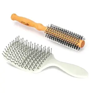 Nfilla Small Round Hair Brush For Blow Drying With Soft Nylon Bristles-Wooden Handle & Vented Hair Brush and Hair Comb