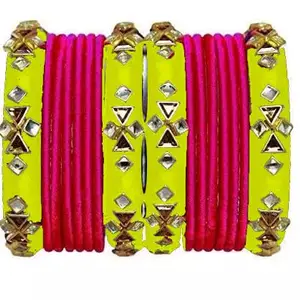 HARSHAS INDIA CRAFT Silk Thread Bangles New Model Plastic with Pink Bangle Set For Women & Girls (Yellow) (Pack of 16) (Size-2/0)