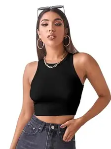 LADYGLOW Women's Ribbed Round Neck Crop Top – Sleeveless Cotton Stretch Slim Fit for Casual, Office, Travel & Stylish Layering
