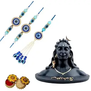 CIYA PLUS Evil Eye Rakhi Set with Aadiyogi Statue and Roli Chawal, 3 Blue Turquoise Rakhi Bracelets with Crystal Decorations