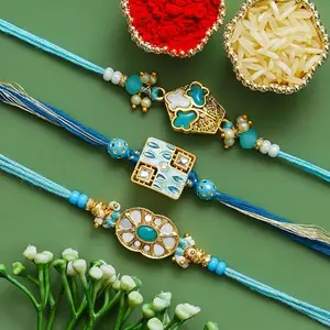 eCraftIndia Set of 3 Kundan Beads Floral Designer Rakhis with Roli Chawal Pack | Rakhi for Brother Bhaiya Bhai Bhabhi Kids