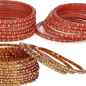Somil Combo Of Party & Wedding Colorful Glass Bangle/Kada, Pack Of 24, Orange,Golden
