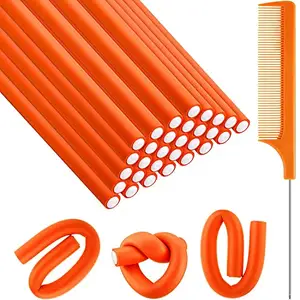 SIYAA 20 Pieces Flexible Curling Rods Twist Foam Hair Rollers Soft Foam No Heat Hair Rods Rollers Curlers and Steel Pintail Comb Rat Tail Comb for Women & Girls (Orange)