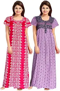 DIPSYCO 100% Cotton Nighty for Women || Long Length Printed Nighty/Maxi/Night Gown/Night Dress/Nightwear Inner & Sleepwear for Women's (Combo Pack of 2)(MF099-Nighty (P2) White Pink_2XL)