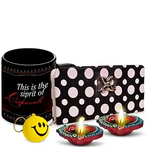 Alwaysgift This is Siprit of Deepavali 2 Diyas, Ladies Wallet, Smiley Keychain, & Coffee Mug Gift Set