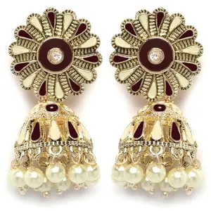 Karatcart Gold Plated Floral Design Brown and Cream Meena Jhumki Earrings for Women
