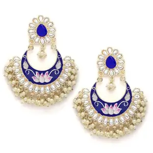 Karatcart Gold Plated Lotus Design Royal Blue Meena Kundan Dangler Earrings for Women