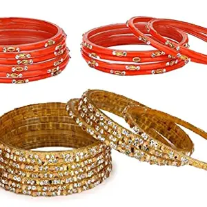 Colorful Glass Bangles/Kada Set Combo Ornamented With Colourful Chips & Beads_D1634 (AkBang2-PF1.b_bang)