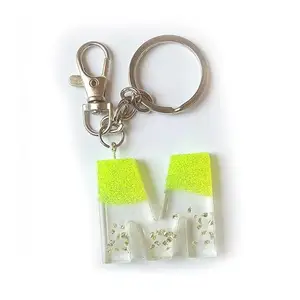 "M" Letter / Alphabets Handmade Resin Keychain by LFF by Soniya Themed in Dried Natural Flowers / Glitters /Stones / Gold-Silver-Copper Flakes Filled for Men and Women - Letter "M" (Design#1)