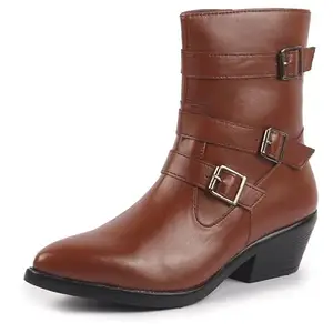 FAUSTO FST KI-178 TAN-36 Women Tan Flared Heel High Ankle Side Zipper Multi Adjustable Buckle Strap Work Boots|Stylish Winter Boots|Slip Resistant Sole (3 UK)