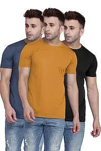 TQH Men Dri Fit Polyester Half Sleeve Round Neck Mustard Yellow, Grey, Black T-Shirts - Pack of 3