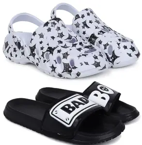 Pampy Angel Combo Pack of 2 Slipper/Flip Flops/Slides/Clogs/Sandals with Adjustable Back Strap for Men,(Cl-A-Star-White,Badboy-Black),9 (UK/India)