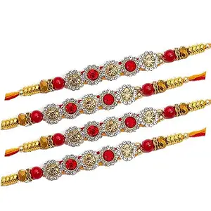 Partunay 4 Pcs Diamond Red Stone Rakhi Set For Brother Bhaiya Bhabhi And Kids Family Rakhi Combo Set