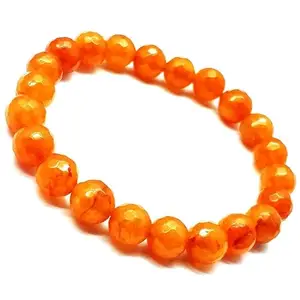 RRJEWELZ Natural Carnelian Chalcedony Round Shape Faceted Cut 8mm Beads 7.5 inch Stretchable Bracelet for Healing, Meditation, Prosperity, Good Luck | STBR_02539