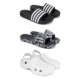 DRACKFOOT Lightweight,Classic Slider || Sandals with Clogs for Men-Combo(3)-3024-3103-3122-8 White