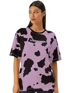 Sparkling Sales Pure Cotton Oversize Loose Baggy Fit Round Neck Half Sleeves Animal Print Lilac T-Shirt (Shirt Purple_1782)