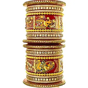 THE OPAL FACTORY Raja Rani Bridal Jewellery Bangles Set Gold Plated Punjabi Chuda Set for Wedding with Rajasthani Kundan Meenakari Stones and Pearl Bangles for Women and Girls (Red, 2.6)