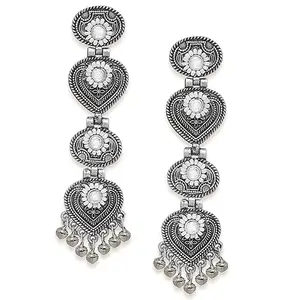 OOMPHelicious Jewellery Oxidised Silver Ethnic Long Drop Earrings - Jadau with Kundan & Pearls For Women & Girls Stylish Latest (S-ECK217_CC1)