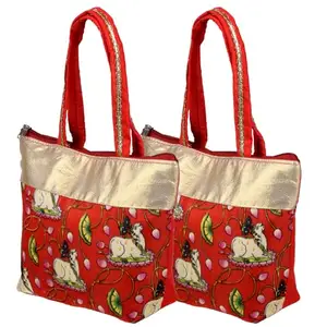 Kuber Industries Women's Hand Purse | Traditional Mini Hand Bag | Silk Wallet Hand Bag | Woman Tote Hand Bag | Gifts Hand Bag | Cow-Small Hand Purse | Pack of 2 | Red