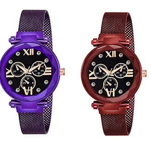 Red Robin New Roman Mina Design Round Black Dial with Latest Stylish Purple & Red Magnet Belt Analogue Watch - for Women & Girls (Black Mina - Purple & Red Clour)