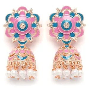 Karatcart Rose Gold Plated Floral Design Blue and Pink Meena Jhumki Earrings for Women