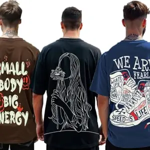 RodZen® Oversized Loose Fit Half Sleeves Round Neck Printed Cotton Blend Combo T-Shirt for Men (Pack of 3) (Brown,Black,Blue; L)