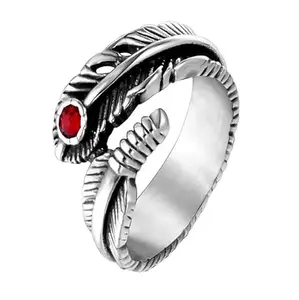 Airtick Unisex Stainless Steel Silver Openable Adjustable Red Nug Diamond Stone Studded Funky Plume,Feather/Pankh Tail Finger Thumb Ring (Free Size)
