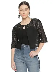 Women Cotton Graphical Lace Cover Up Shrug Cardigan Black UNBZZ-SG-605-SQHrtBK_XL