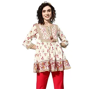 ishin Women's Cotton Off White Embroidered Top