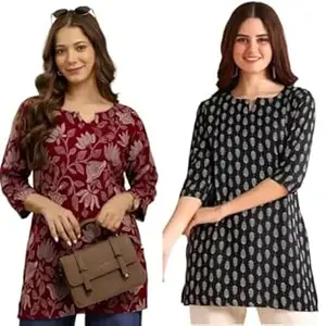MS VHCK ENTERPRISE Women's Cotton Printed Short Kurti, Round Neck, Three Quarter Sleeve, Straight Fit, Pack of 2