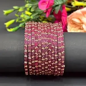 Bangle Women's Traditional designer glass zircon bangles set with rose pattern and golden stone work stylish for occasional wear(Pack of 12 Pcs)