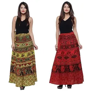 JABAMA Women Cotton Sanganeri Elephant Print Long Wrap Around Skirt Pack of 2 (6100-6099-36) Multicolour