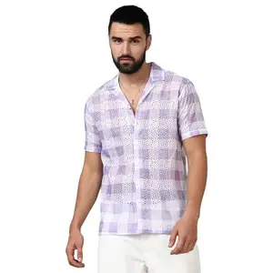 Campus Sutra Men's Lavender & Chalk White Buffalo Check Shirt for Casual Wear | Spread Collar | Short Sleeve | Button Closure | Shirt Crafted with Comfort Fit for Everyday Wear