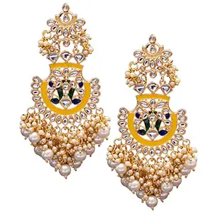 I Jewels 18K Gold Plated Traditional Handcrafted Meenakari Chandelier Earrings Glided With Pearl (E3008Y) For womens