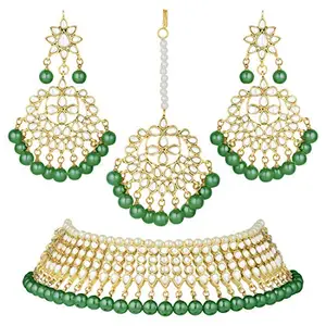 Peora 18K Gold Plated Indian Ethnic Kundan Pearl Fancy Bridal Traditional Necklace Jewellery Set with Earrings for Women (Green)