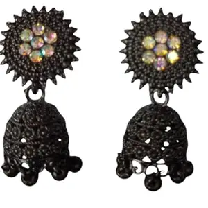 Black Oxidized Jhumki Earrings with Iridescent Crystal Studs, Traditional Indian Drop Design