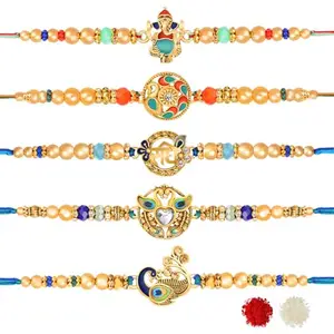 De Marquis 5 Designer Rakhi Gift Set for Brother, Mauli Thread, Chawal Roli Pack, Greeting Card Set (5 Multicolor RAKHI set in different design with Roli and chawal)